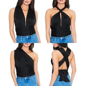 Bebe black mesh convertible tie wrap halter top bodysuit size XS